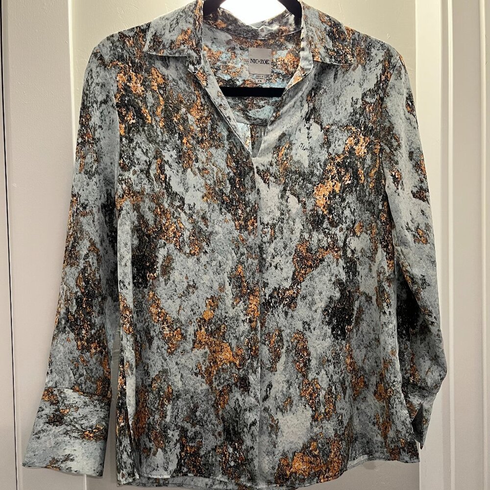 NIC+ZOE Printed Long Sleeve Multi-Colored Satin Blouse, Size XS